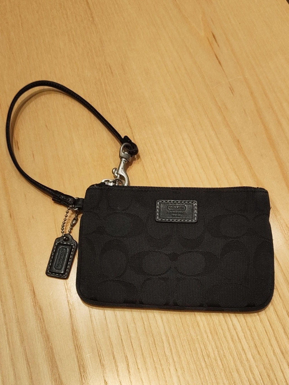 Coach Black Signature Canvas Wristlet Pouch with Leather Trim